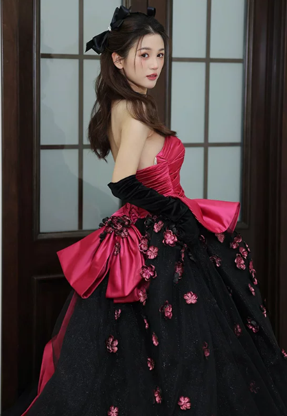 Elegant Contrast Prom Gown , 3D Floral Puffy Corset Maxi Evening Dress Quinceanera Dress RS1493
