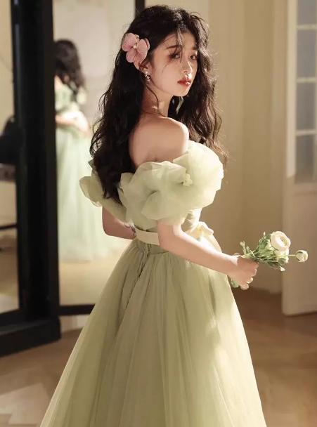 Hazy Green Prom Gown , Puffy Tulle Corset Maxi Evening Dress RS1537