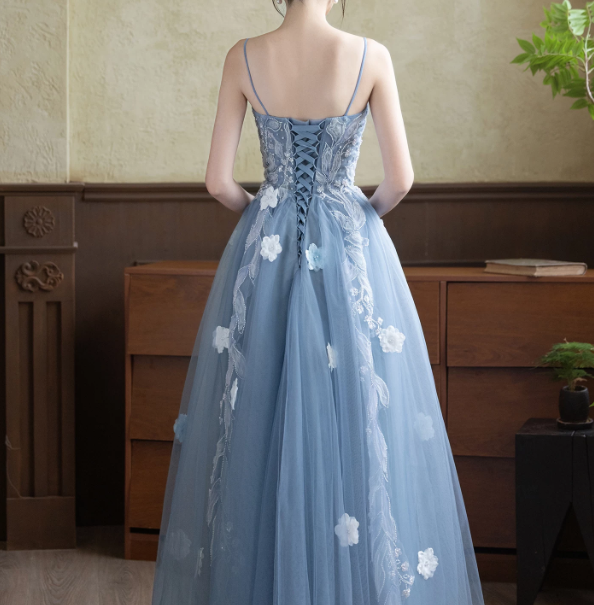 Elegant Blue Prom Gown , Lace Embroidery Tulle Corset Maxi Evening Dress RS1540
