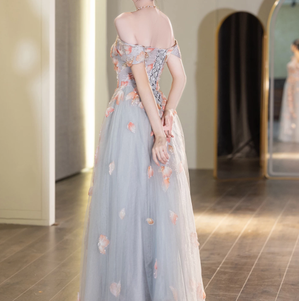 Elegant Biue Prom Gown , Applique Tulle Corset Maxi Evening Dress RS1542