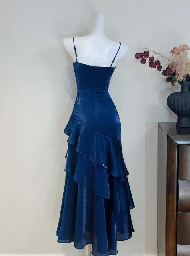 Navy Flowy Prom Gown , Silky Frilled Bodycon Maxi Summer Dress RS1547