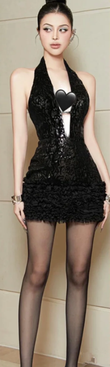 Black lace halterneck low-cut sexy waist-hugging hip skirt homecoming dress R4678