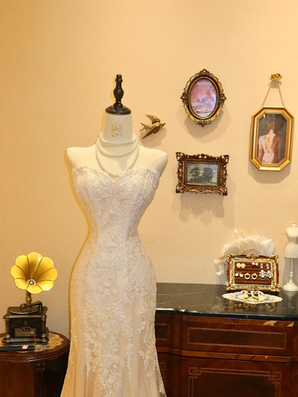 Apricot Strapless Waist-Cinched Slim-Fit Lace Long Ball Gown, Bridal Gown R7137