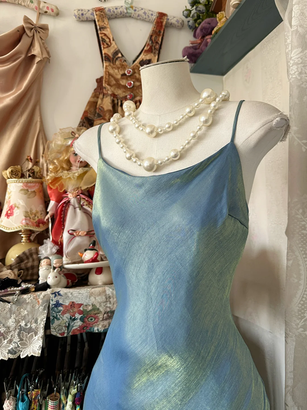 Blue strappy satin gilded elegant long ball gown R6179