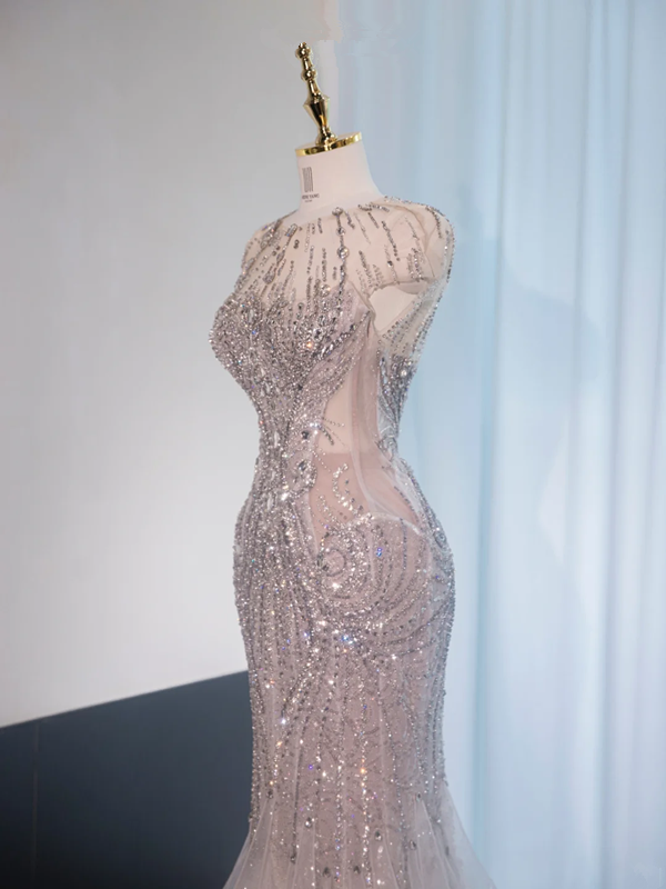 Silver round neck, fitted waist, bodycon long ball gown, bridal dress R8984