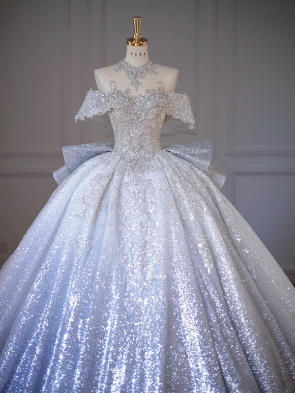 Blue gradient color bright diamond one shoulder waist slim fit heavy puffy skirt ball gown bridal gown R5860