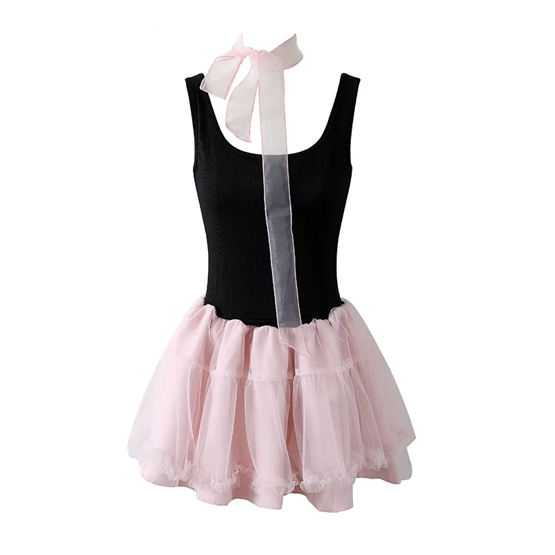 Black halter top with pink A-line skirt for homecoming dress R5268
