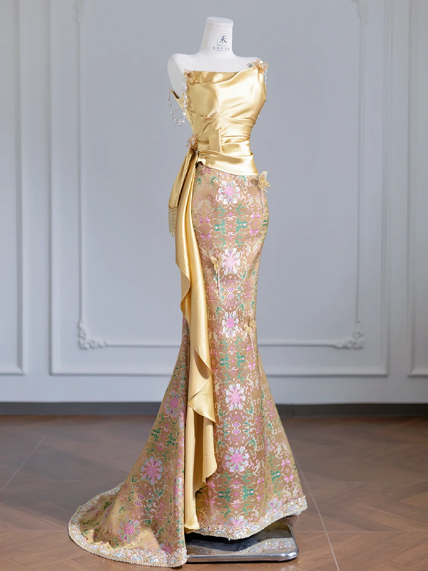Gold strapless fitted waist slim retro print sexy long ball gown/bridal dress R8238