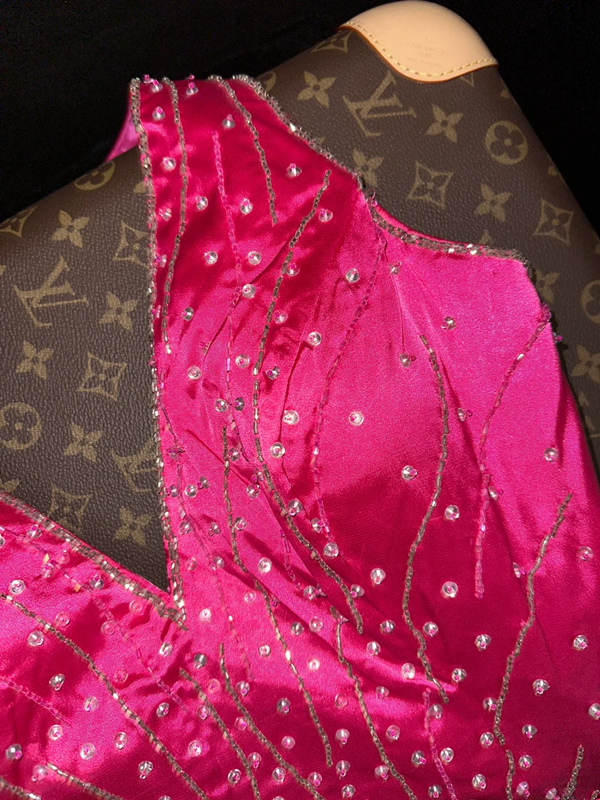 Rose pink halter-neck cinched waist short ball gown R6977