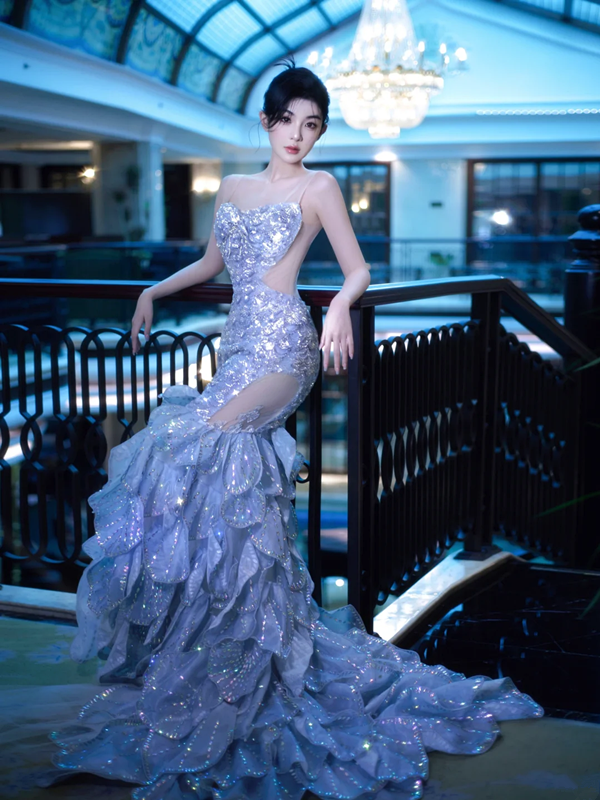 Light Blue Sequin Strapless Waist-Cinched Fitted Mermaid Floor-Length Dreamy Prom Dress R7097