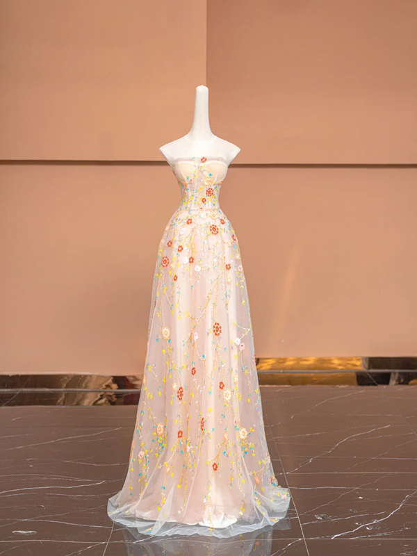 Light pink fitted floral print long ball gown, bridal dress R8493