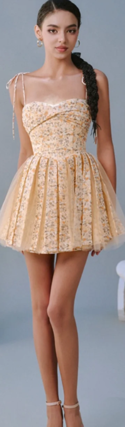 Orange floral halter waist slim pleated skirt homecoming dress R4719