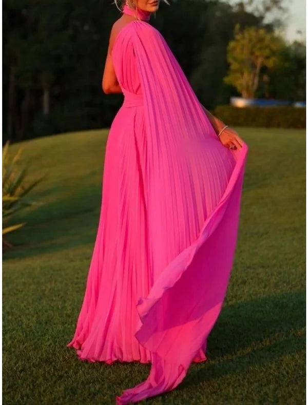 A-Line Evening Gown Elegant Dress Formal Sweep / Brush Train Sleeveless One Shoulder Chiffon with Pleats Ruched S4952