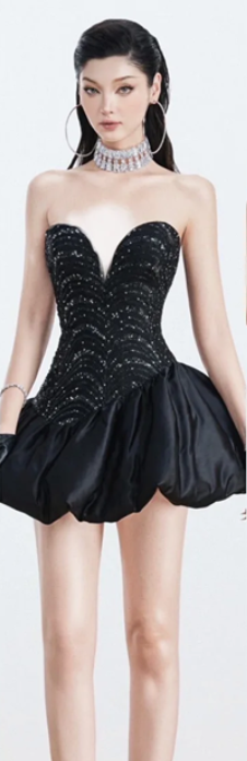 Black tube top sequined waist slim fit sexy bud skirt short skirt homecoming dress R4558