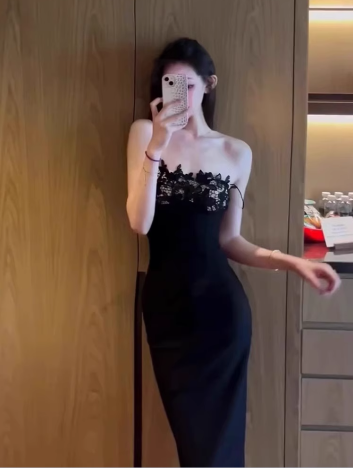 Sexy hot girl lace tube top suspender dress 2025 royal sister waist evening dress R1229