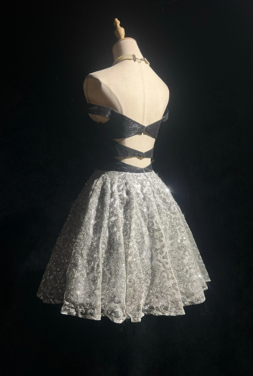 Elegant Sliver Sequin A-Line Sweetheart Corset Mini Prom Dress Homecoming Dress RS421