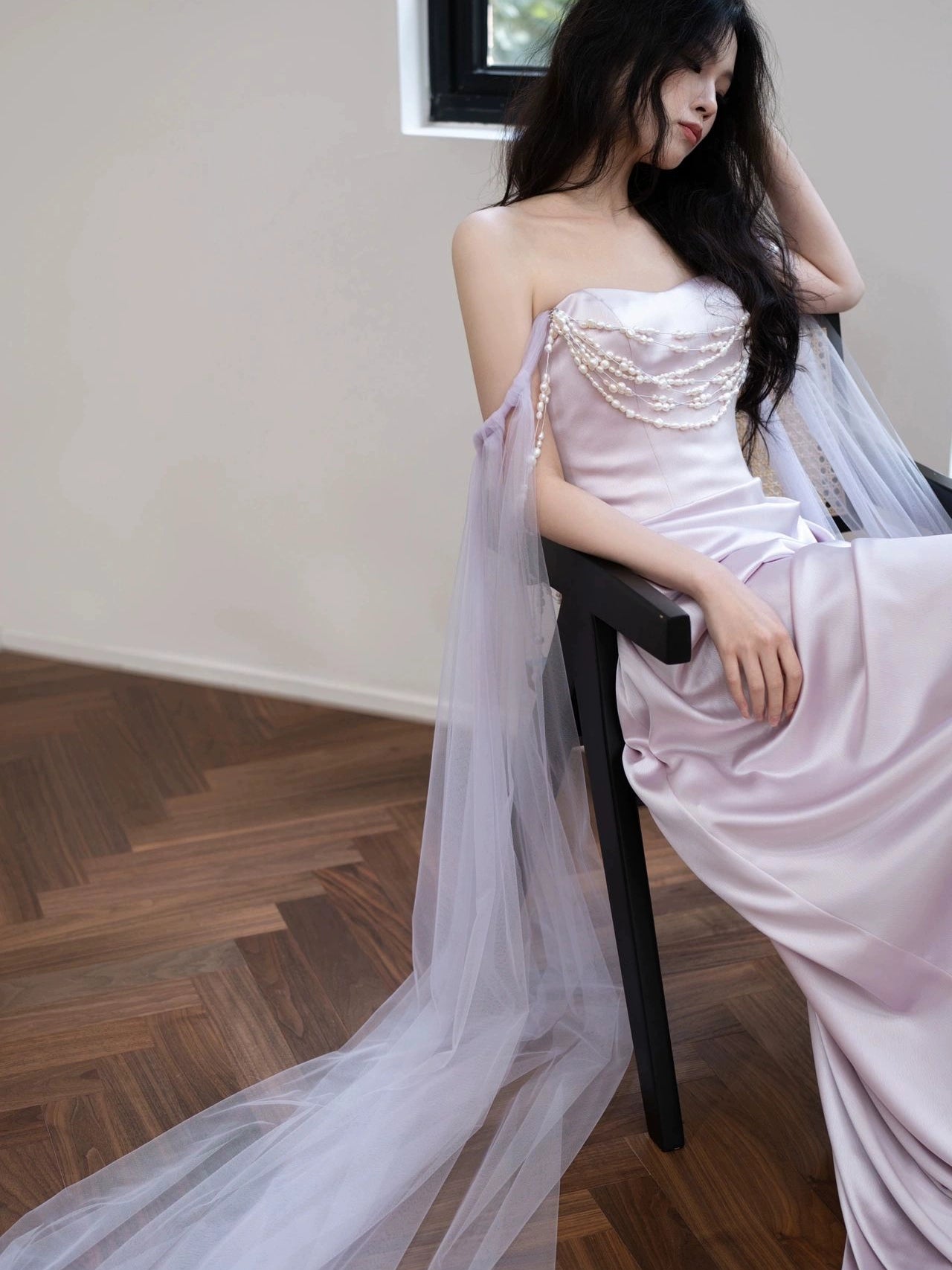 Lilac Elegant Evening Gowns Off Shoulder Long Prom Dress S7218