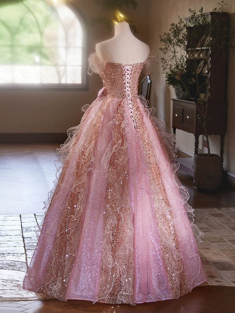 A Line Pink Elegant Evening Gowns Off Shoulder Long Prom Dress S7209