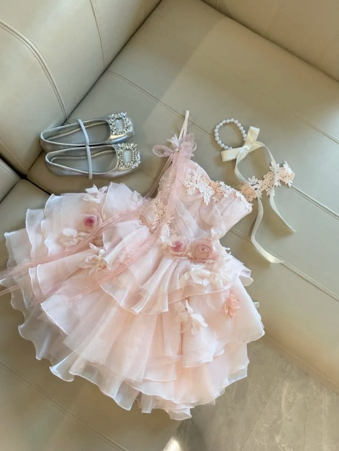 Dreamy Blush Pink Homecoming Dress , Spaghetti Straps Frilled Corset Princess Short Prom Dress RS1590