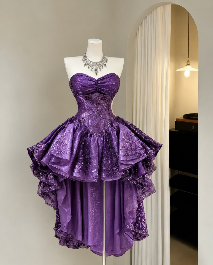 Dreamy Purple Homecoming Dress , Glitter Hi-Lo Corset Queen Short Prom Dress RS1591