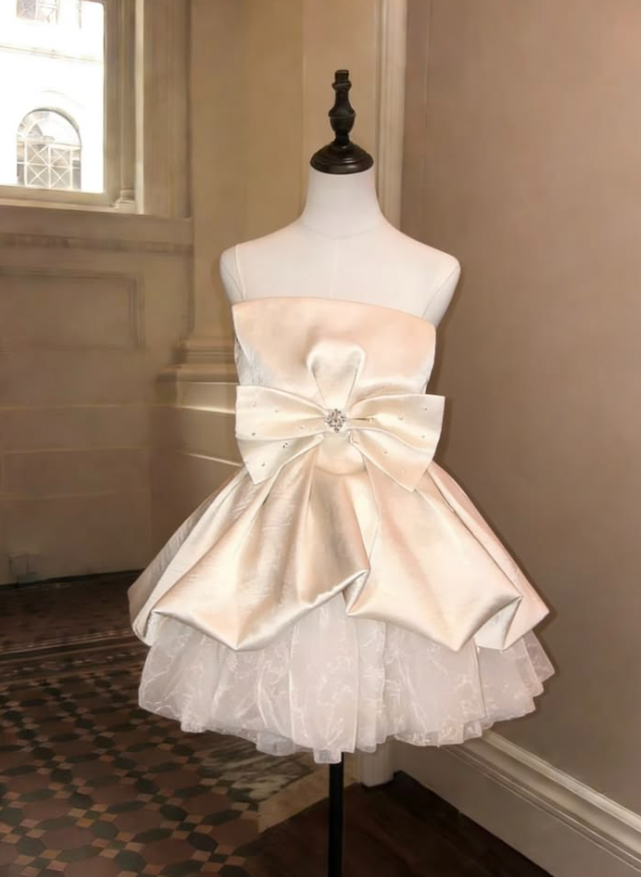 Charming Champagne Homecoming Dress , Silky Satin Bow Decor Corset Short Prom Dress RS1592