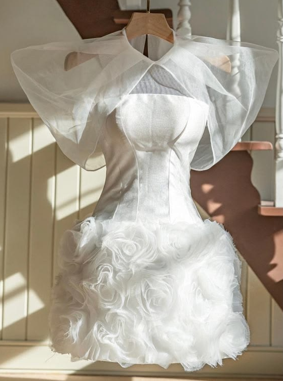 Charming White Homecoming Dress , Niche Tulle-Floral Decor Bodycon Short Prom Dress RS1593