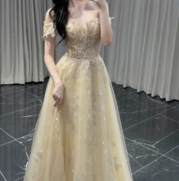 Dreamy Pastel Yellow Prom Gown , Flowy Tulle Embroidered Corset Maxi Birthday Dress RS1583