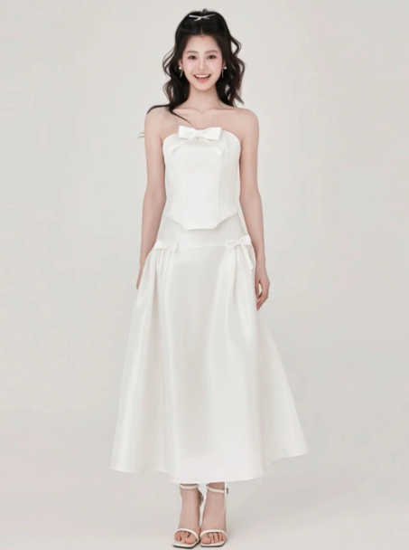 Minimalist White A-Line Strapless Long Women Dress with Bow-knot Evening Dress Professional Dress RS136