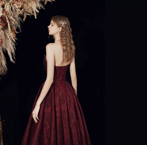 Elegant Burgundy Prom Gown , Satin Floral Pattern Corset Maxi Evening Dress RS1585