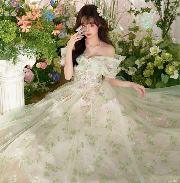 Gentle Soft Green Prom Gown , Floral Tulle Dreamy Corset Maxi Birthday Dress RS1588
