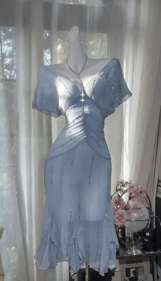 Sparkly Pale Blue Homecoming Dress , Flowy Chiffon Beaded Bodycon Short Prom Dress RS1600