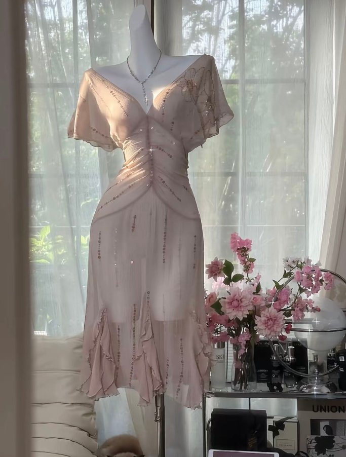 Dreamy Champagne Homecoming Dress , Flowy Chiffon Beaded Bodycon Short Prom Dress RS1601