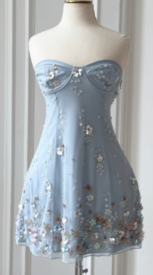 Pale Blue Fresh Homecoming Dress , Flowy 3D Floral Cute Corset Short Prom Dress Summer Dress RS1604