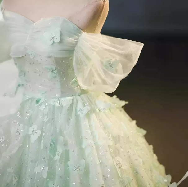 Fresh Mint Green Prom Gown , Floral Tulle Corset Maxi Evening Dress Quinceanera Dress RS1613