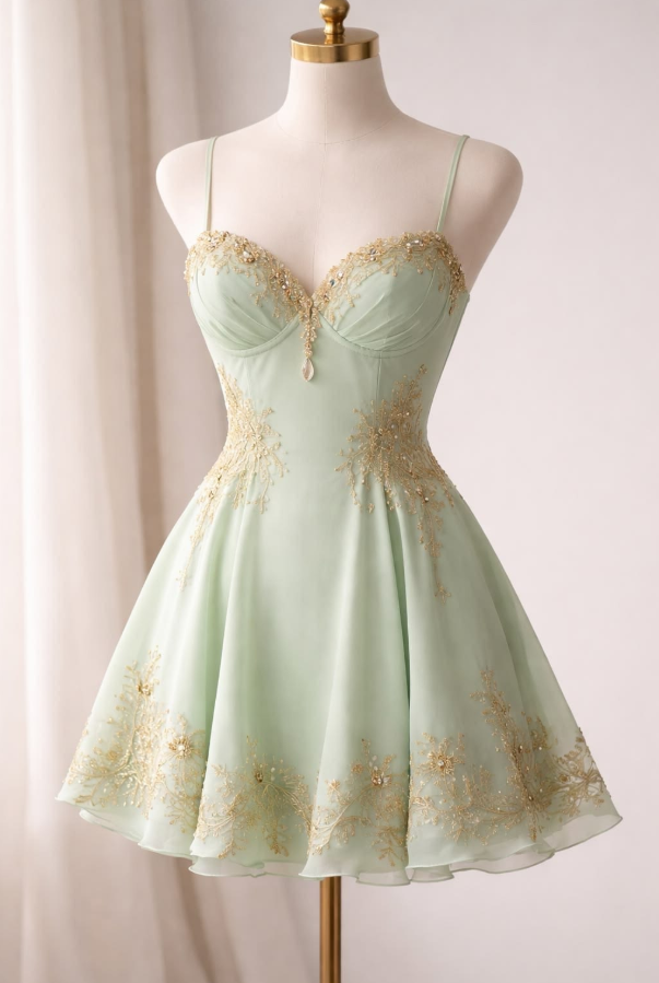 Fresh Green Homecoming Dress , Silky Chiffon Embroidered Corset Mini Summer Dress RS1616