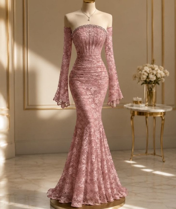 Dusty Pink Elegant Prom Gown , Lace Bodycon Maxi Evening Dress Celebrity Dress RS1628