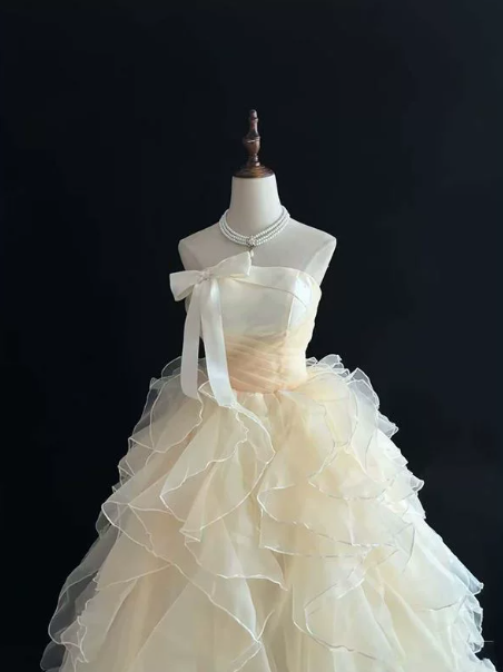 Pastel Yellow Elegant Prom Gown , Tulle Pleated Maxi Evening Dress Birthday Dress RS1630