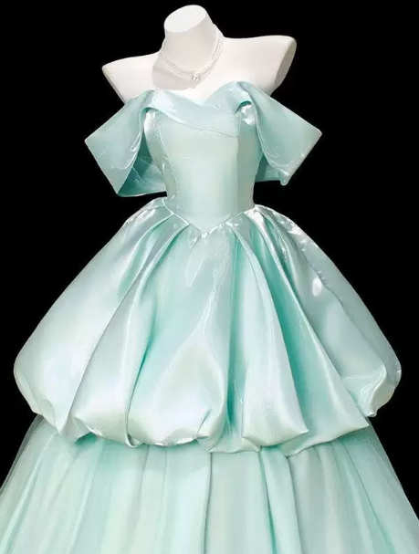 Mint Green Elegant Prom Gown , Satin Tiered Maxi Evening Dress Birthday Dress RS1631