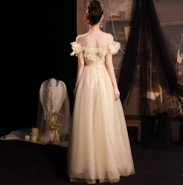 Champagne Elegant Prom Gown , Tulle Glitter Feather Decor Maxi Evening Dress RS1640