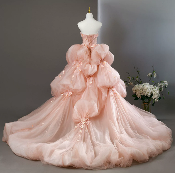 Pink Dreamy Prom Gown , Tulle Applique Puffy Maxi Quinceanera Dress Birthday Dress RS1643