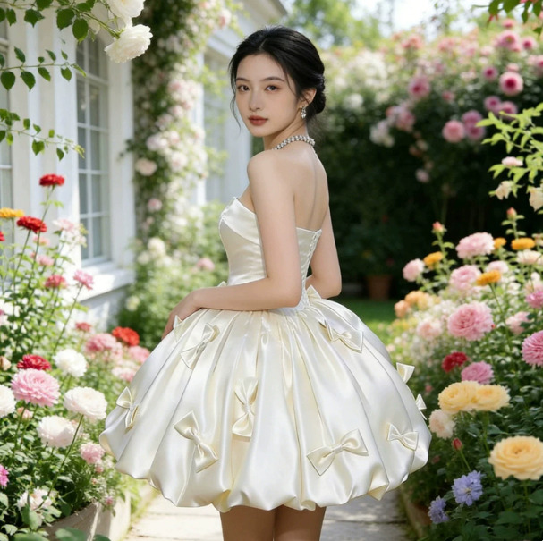Elegant White Homecoming Dress , Silky Bow Decor Corset Short Prom Dress RS1622