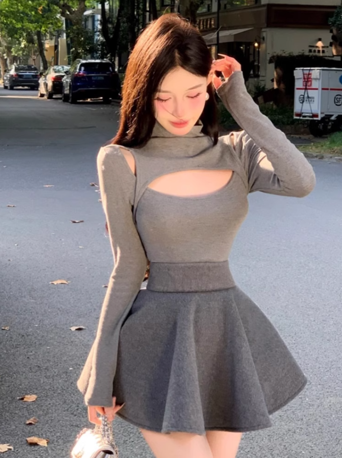 Pure desire design hollow bottoming shirt female 2025 puffy A-line skirt suit R1053