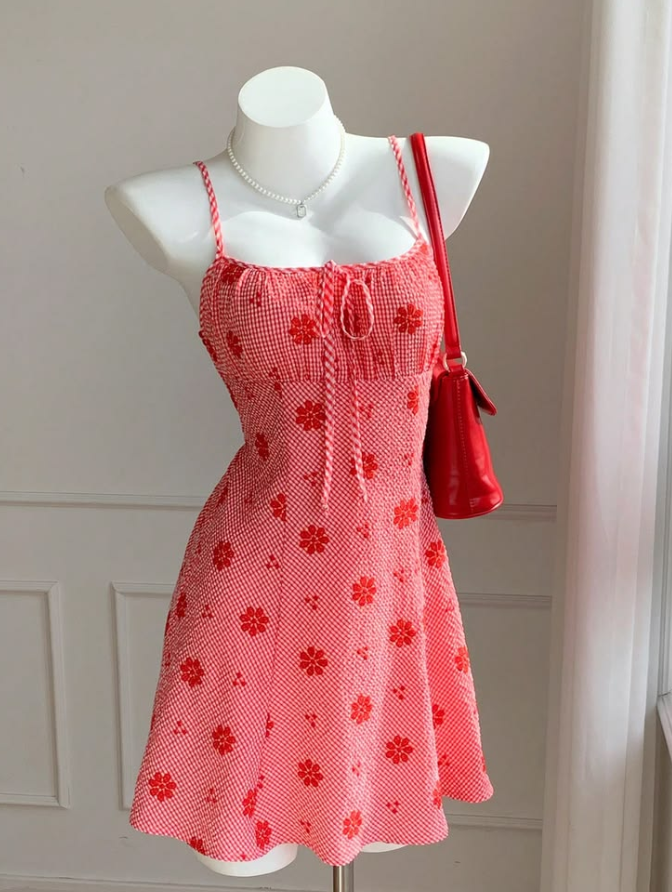 Red Retro Homecoming Dress , Flowy Chiffon Floral Short Prom Dress Cami Dress RS1661