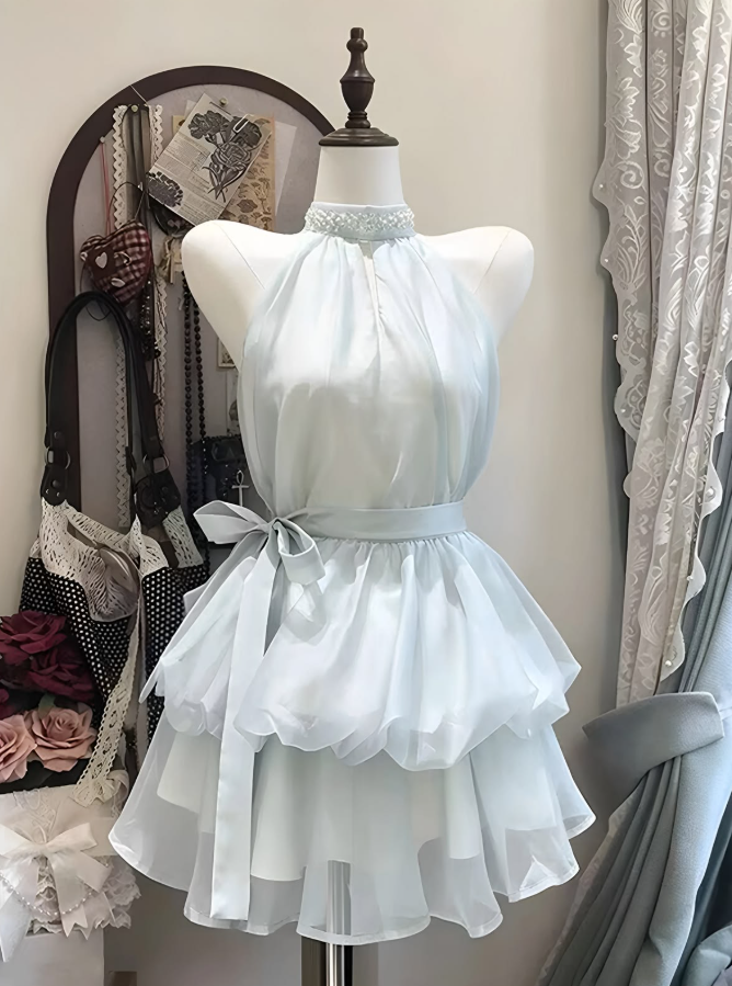 Minimalist White Homecoming Dress , Chiffon Tiered Corset Short Prom Dress Summer Dress RS1664