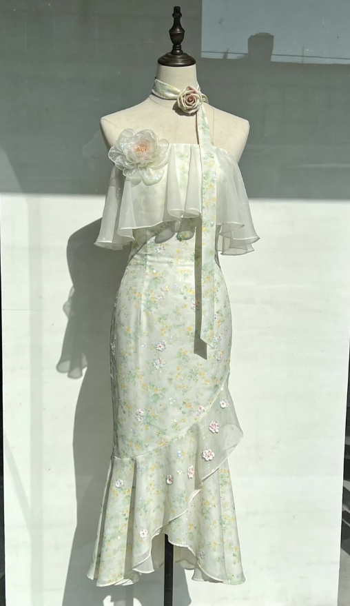 Soft Green Prom Gown , Flowy Chiffon Floral Bodycon Midi Summer Dress RS1647