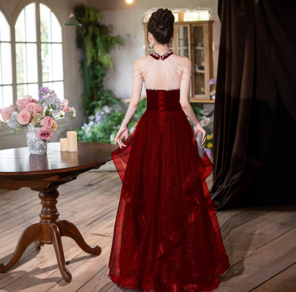 Burgundy Elegant Prom Gown , Tulle Glitter Sequins Corset Maxi Evening Dress RS1655