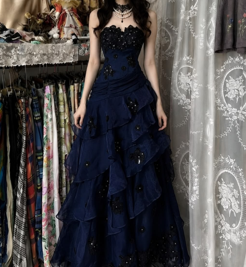 Sparkly Navy Prom Gown , 3D Floral Beaded Frilled Bodycon Maxi Evening Dress RS1711