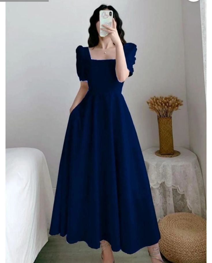 Blue puff sleeves, slim waist, A-line skirt, elegant dress, prom dress R5389
