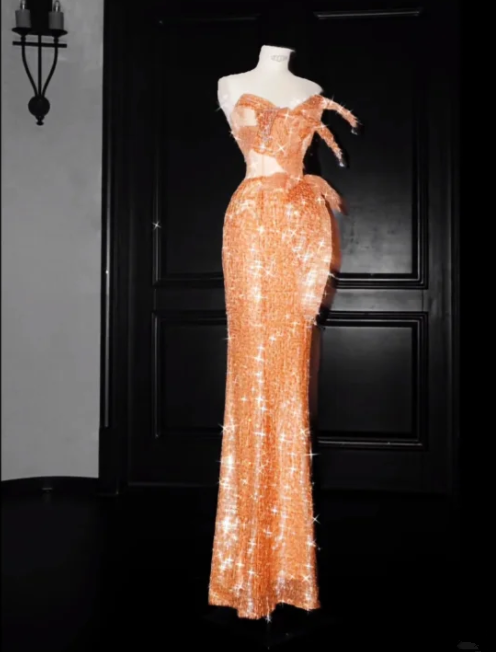Orange Strapless Fitted-Waist Slim-Fit Hip-Hugging Sexy Long Prom Dress R6499