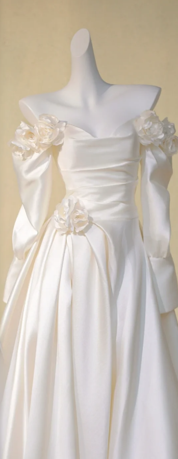 White one-shoulder elegant slim satin A-line maxi bridal dress R5823